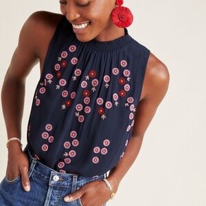 Farm Rio Venezia Sleeveless Floral Blouse Size Small - Navy Blue Pink Red
